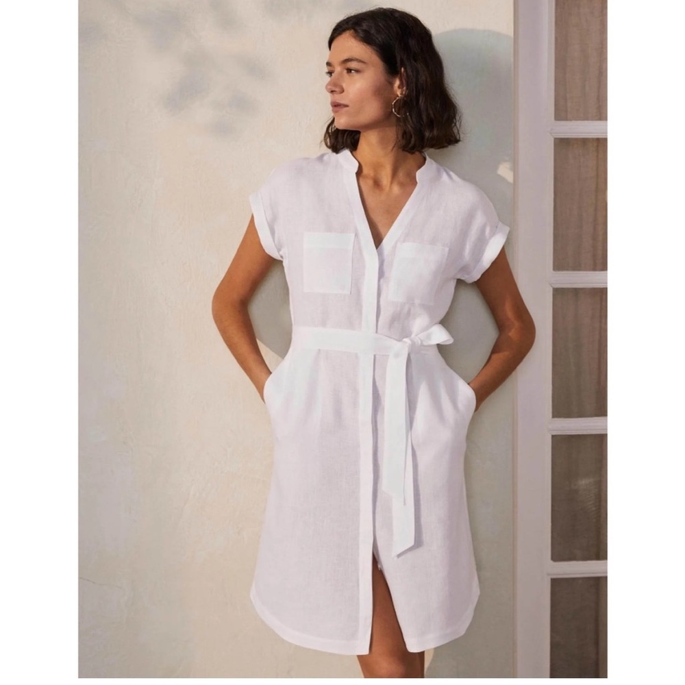 Boden Evie White Linen Belted Shirt Dress 8 pockets